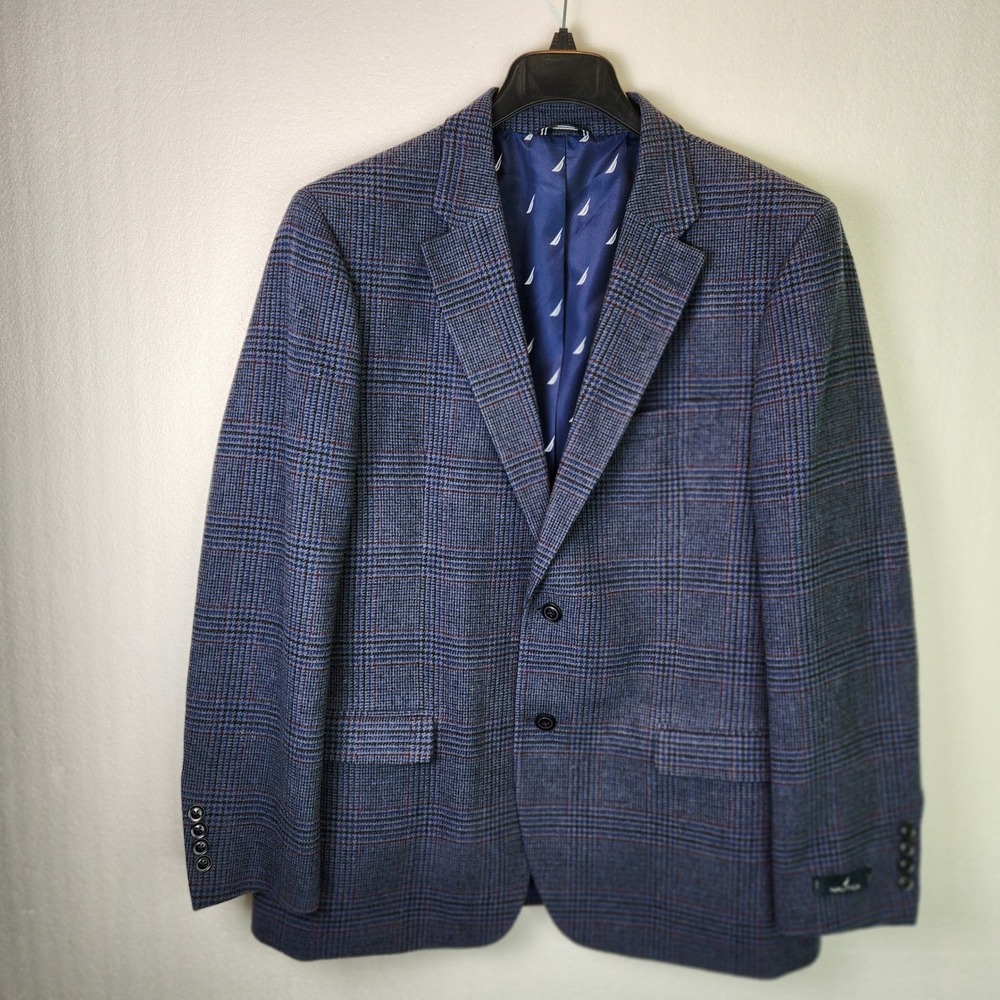 Nautica‎ Mens Blue Glen Plaid Modern Fit Sport Coat Blazer Old Money Preppy 44R